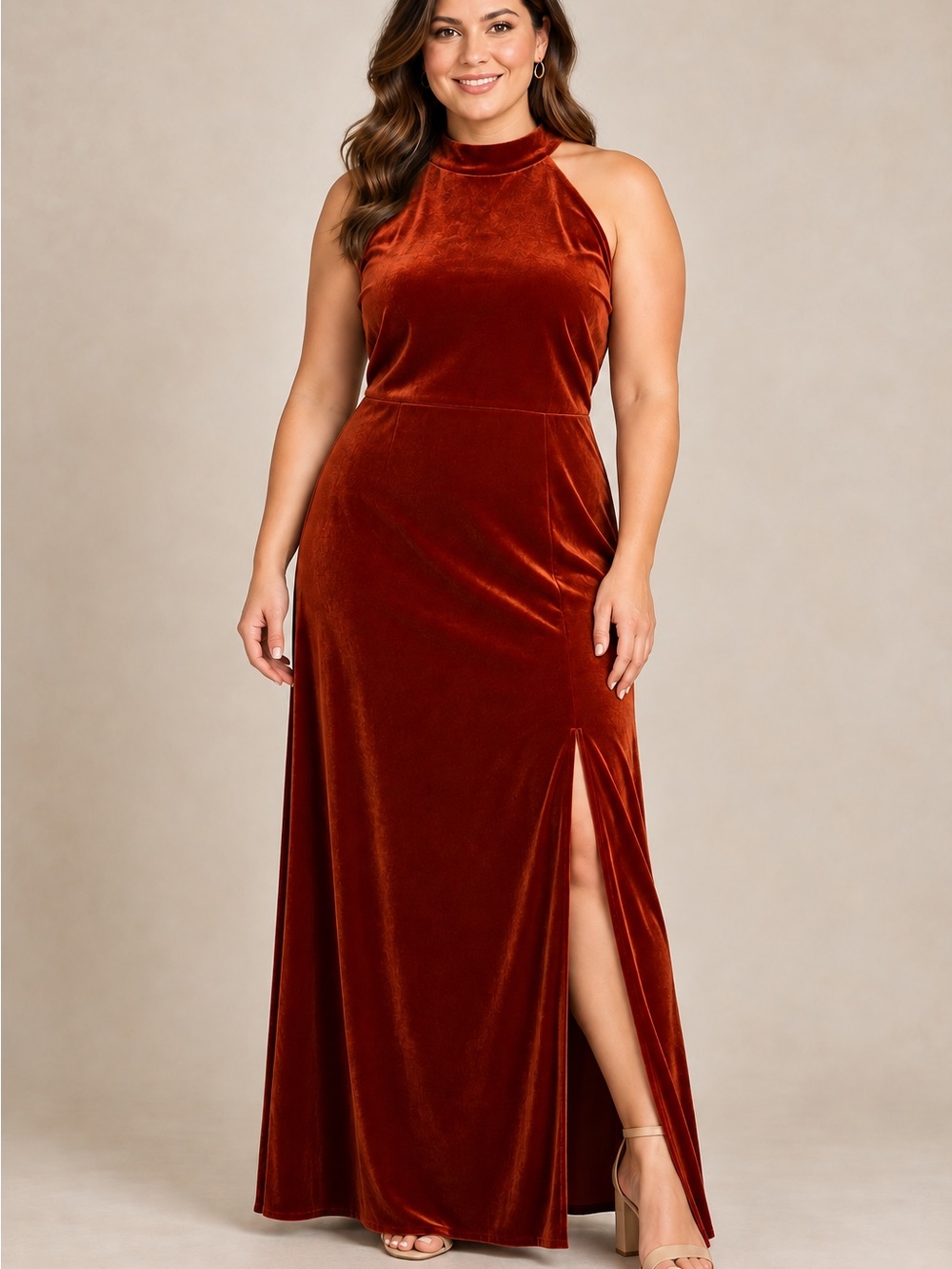 Thread Auburn Moon Rust Velvet Halter Maxi Dress Size 14R